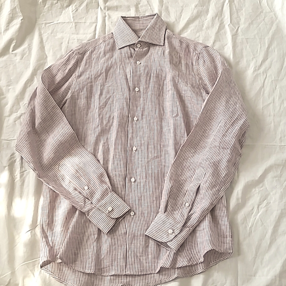 Luciano Barbera Made in Italy White Pink Stripes 100% Linen Dress Shirt, Size S - Picture 3 of 10